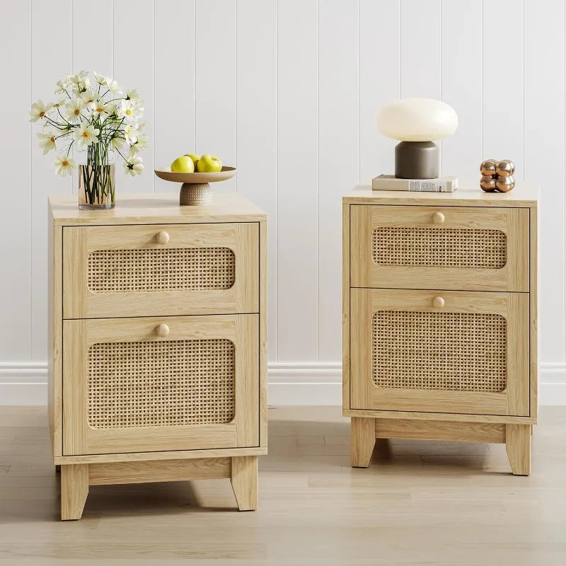 Nightstands Set of 2, Night Stand,  Rattan