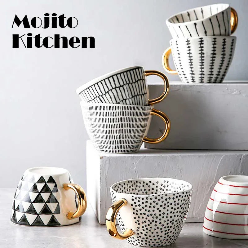 Geometric Ceramic Mugs With Gold Handle