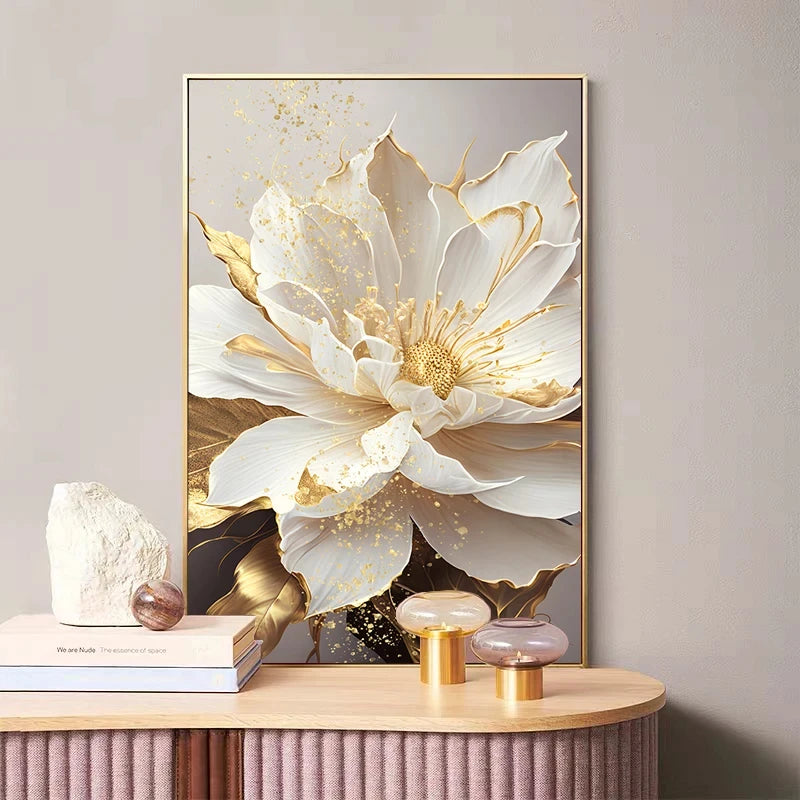 Gold Leaf White Flowers Modern Canvas Posters