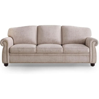 90" Brown Sofa, Rolled Arms with Nail-head Trim