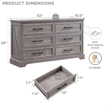 Farmhouse 6 Drawer Dresser for Bedroom, 52 Inch