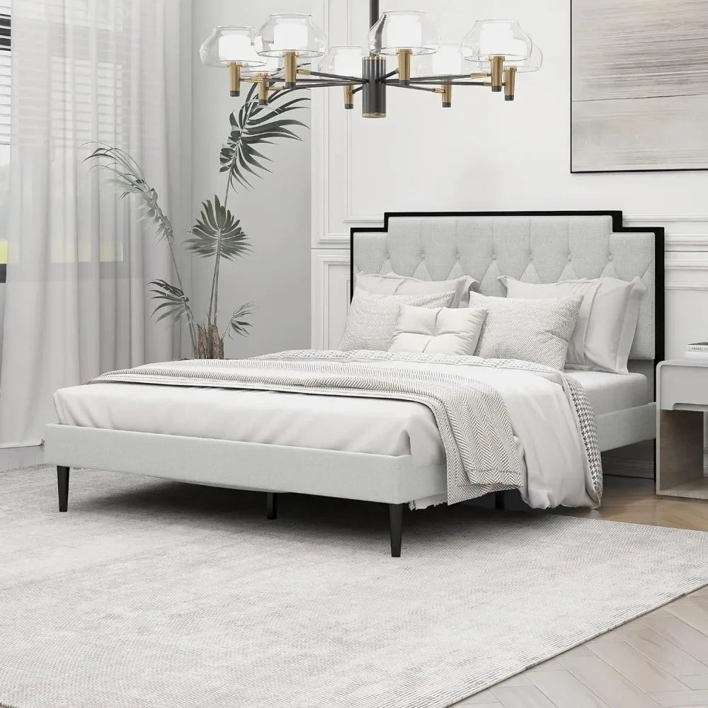 Upholstered Queen Size Bed Frame with Headboard