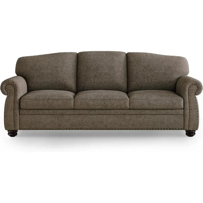 90" Brown Sofa, Rolled Arms with Nail-head Trim