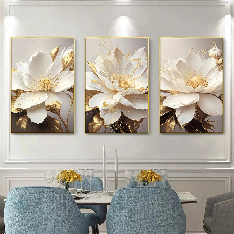 Gold Leaf White Flowers Modern Canvas Posters