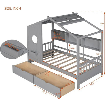 Twin House Bed with Storage Drawers & Bookcase,