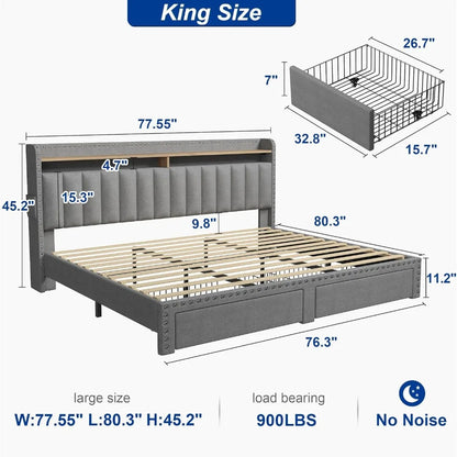 Grey King Bed Frame w 2 Drawers For Storage