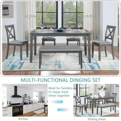 Dining Table Set for 6,Farmhouse Kitchen Table Set with 4 Upholstered Chairs and 1 Bench,Solid Wood Dining Table Set for Kitchen