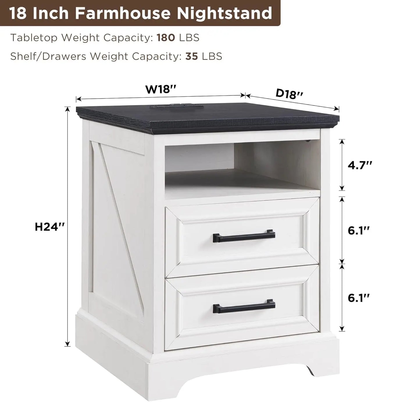 18" Farmhouse Nightstand with Charging Station