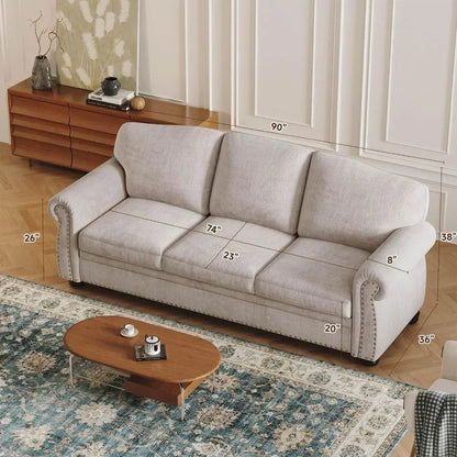 90" Brown Sofa, Rolled Arms with Nail-head Trim