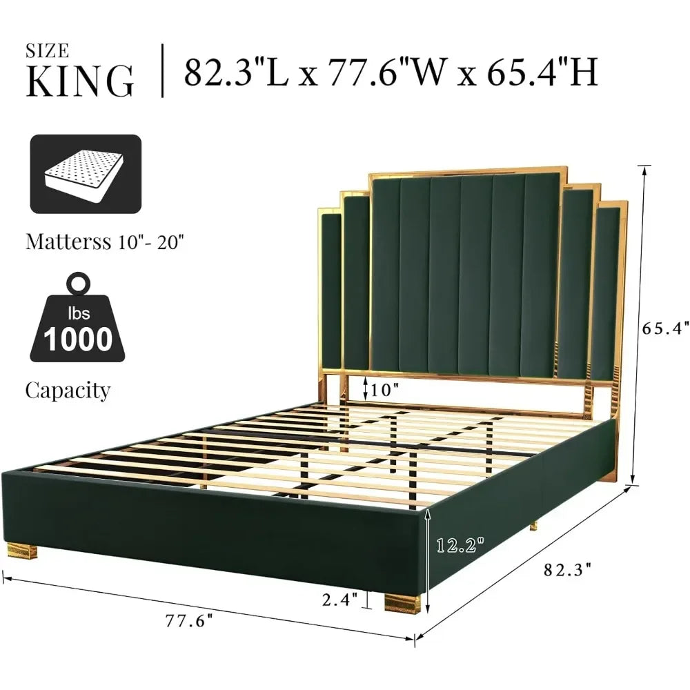 King Size Bed Frame, 65" Velvet Upholstered