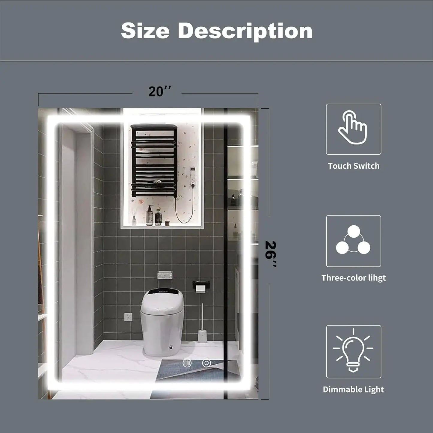 20×26 LED Bathroom Mirror,  Dimmable