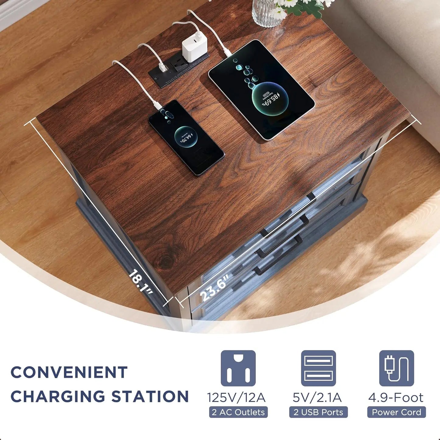 Farmhouse Nightstand with Charging Station, 24 Inch Wide