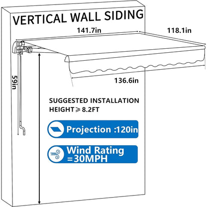 12' x 10' Retractable Awning Manual Crank，Grey