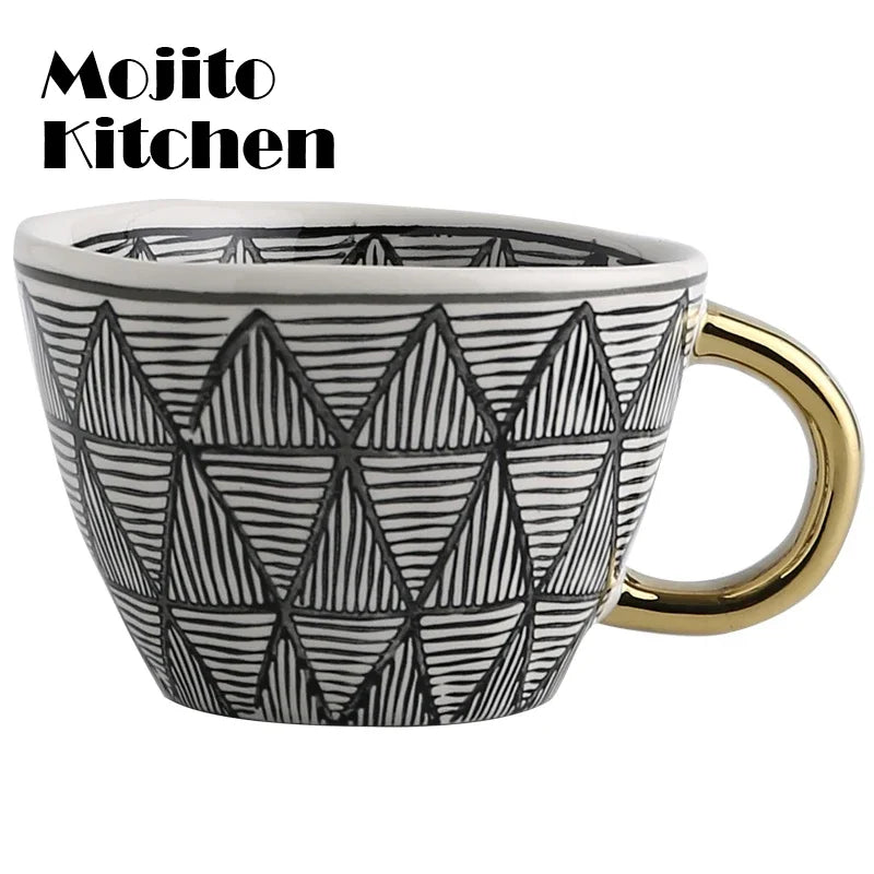 Geometric Ceramic Mugs With Gold Handle