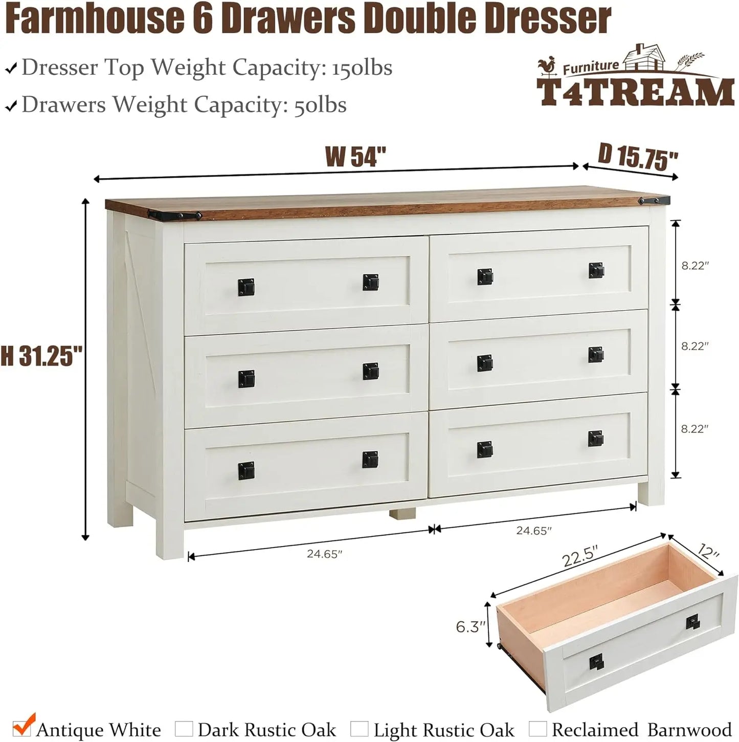 6 Drawers Dresser Chests for Bedroom, Wood Rustic Wide Chset of Drawers,Storage Dressers Organizer for Bedroom