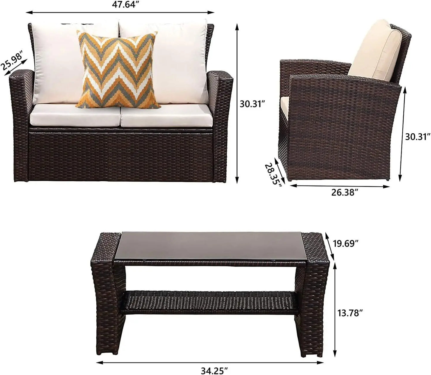 Wicker Sofa Chair w/ Cushion & Coffee Table