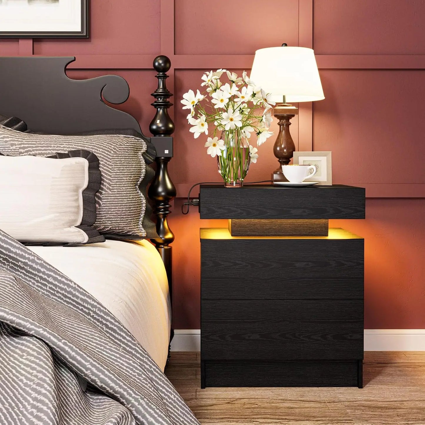 Modern Black Nightstand with LED Light