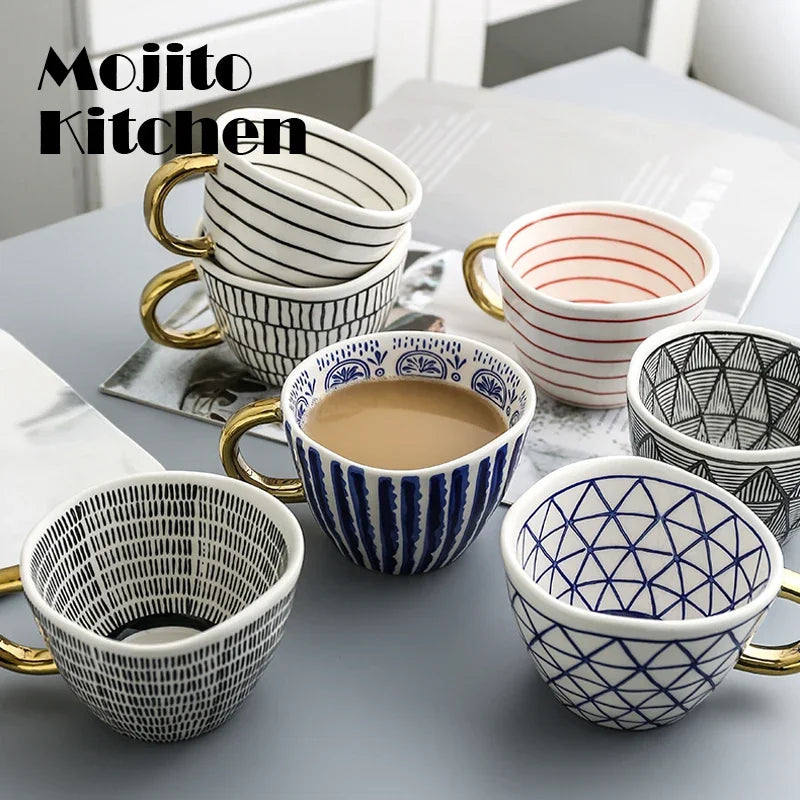 Geometric Ceramic Mugs With Gold Handle