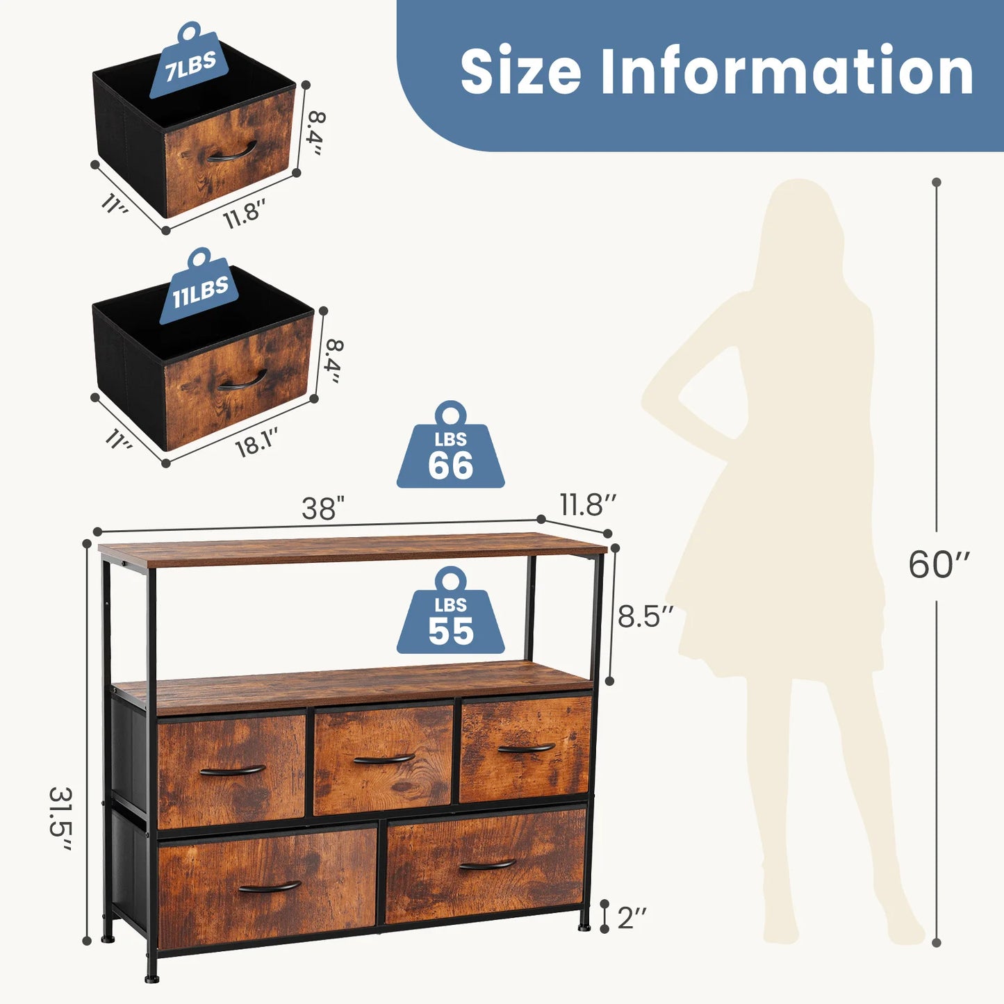 TV Stand For Bedroom With 5 Fabric Drawers