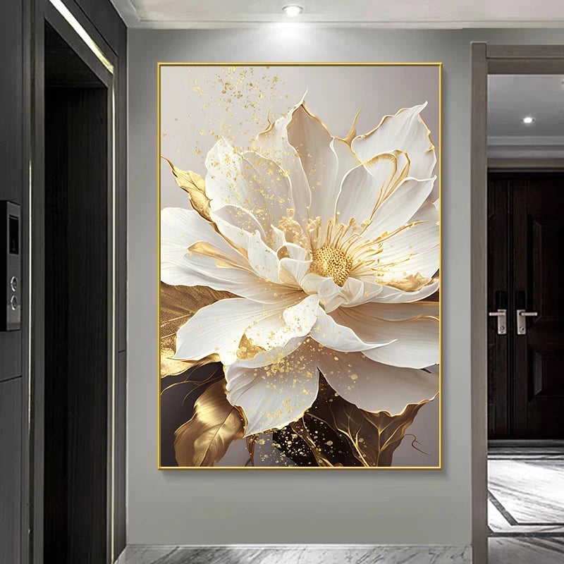 Gold Leaf White Flowers Modern Canvas Posters