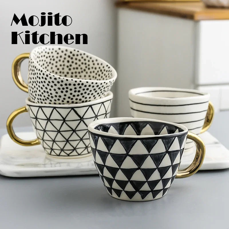 Geometric Ceramic Mugs With Gold Handle