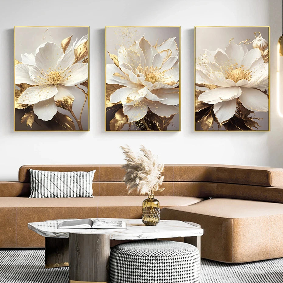 Gold Leaf White Flowers Modern Canvas Posters